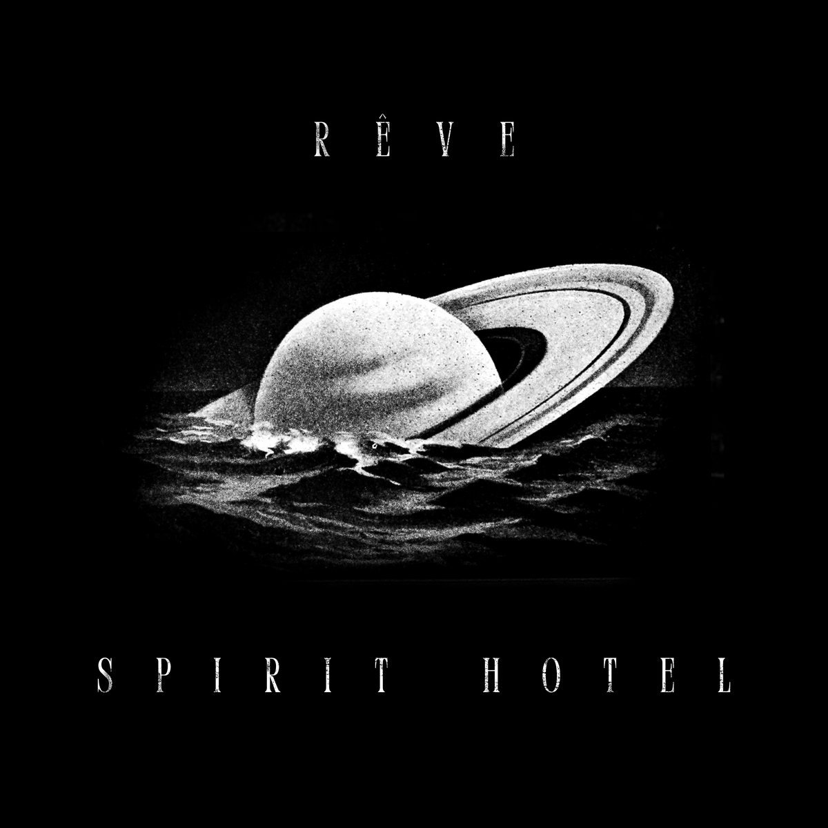 The Rêve album cover: a ringed planet rising out of dark ocean waves, in black and white.