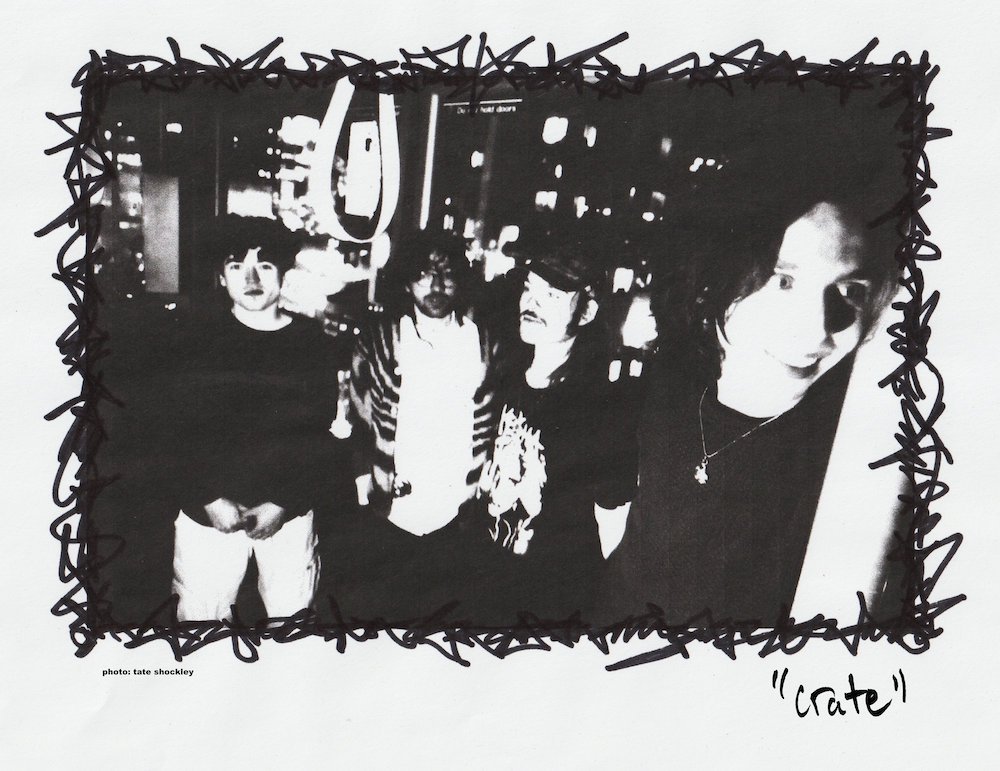 Crate, the Brooklyn four-piece, in a black and white group photo with a hand-drawn scribble frame. Photo by Tate Shockley.