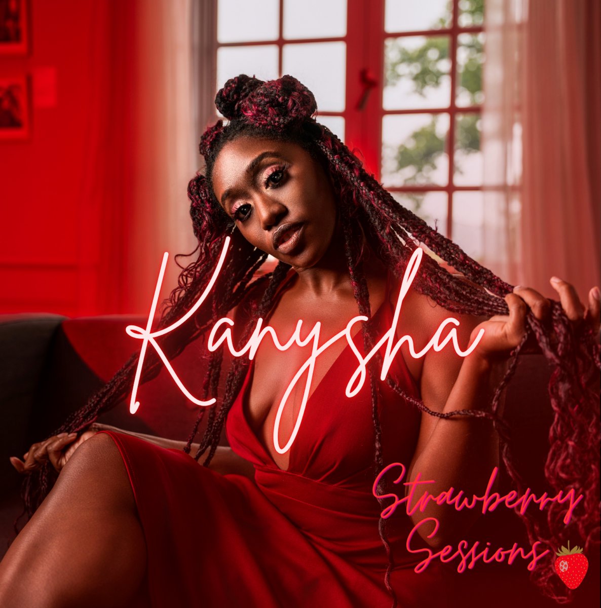 The Strawberry Sessions album cover: Kanysha in a red dress against a red room, album title in pink script.